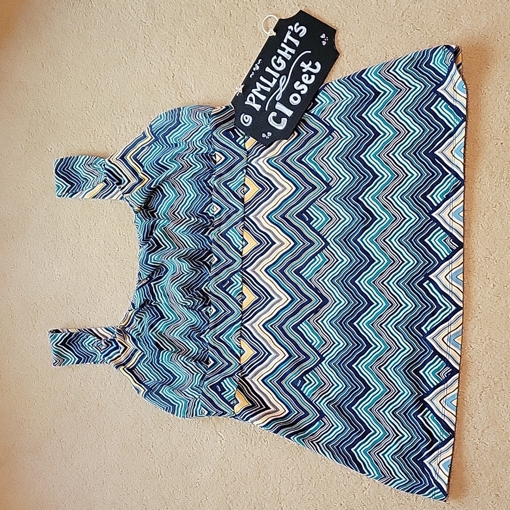 Ann Taylor Halter Strap Top Large Navy Green Yellow White Chevron